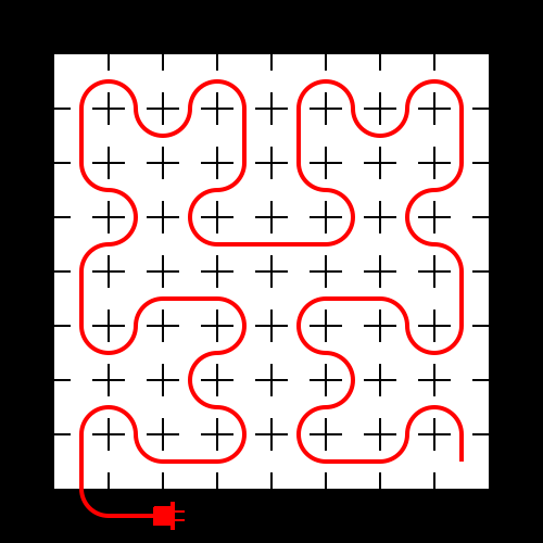 A representation of       an electric blanket. A white square divided by thin, incomplete       black lines into an 8x8 grid of squares. A red line representing       the heating element meanders through all the squares in the manner       of a space-filling curve, with it hanging out with a plug from one       corner