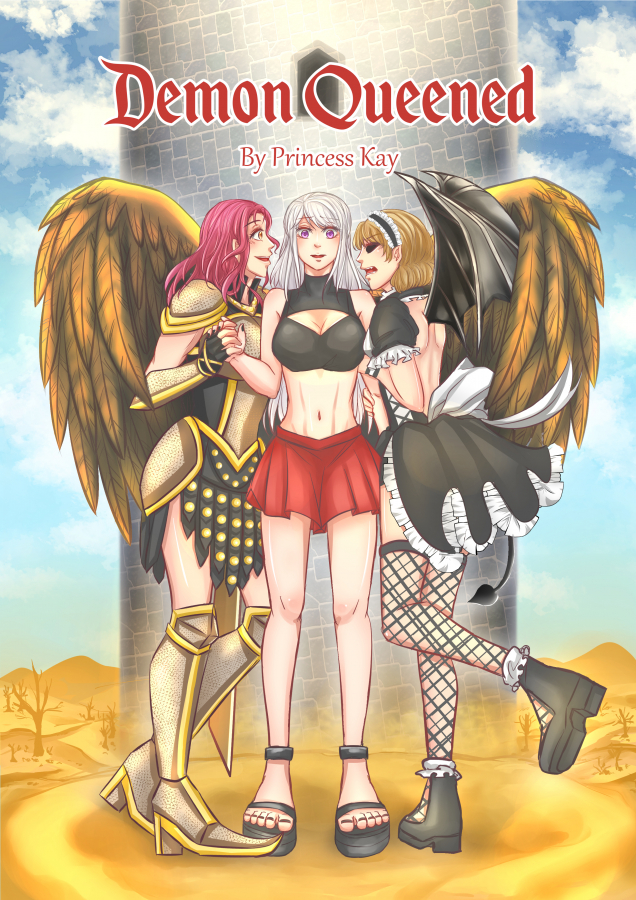 Demon Queened Cover, featuring Abigail and Lucy grabbing Devilla's arm and hand, respectively, on opposite sides.