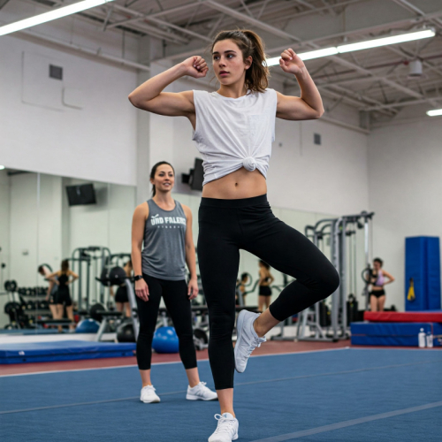 A young woman in a gym is balancing on one leg with her arms raised. Another person is visible in the background.