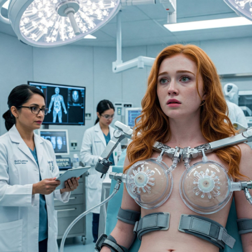 A woman with red hair is connected to medical equipment on her chest while two people in lab coats observe in a sterile room.