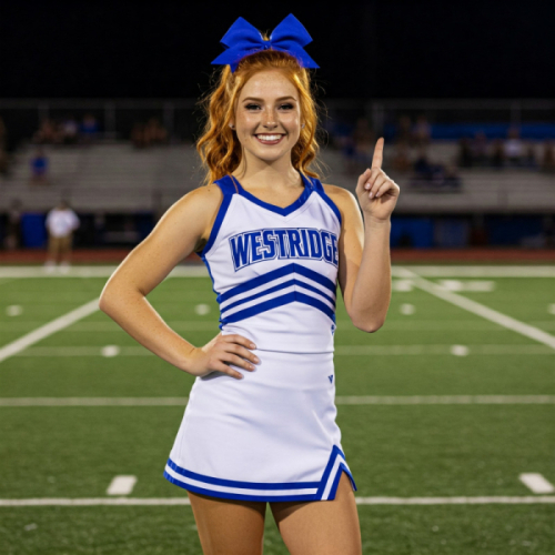 A smiling cheerleader in a white uniform with blue trim and "WESTRIDGE" written on it stands on a football field at night, pointing upwards. She has red hair and a blue bow.