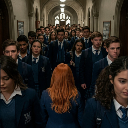 A person with red hair stands in a school hallway, facing a crowd of students in uniform.