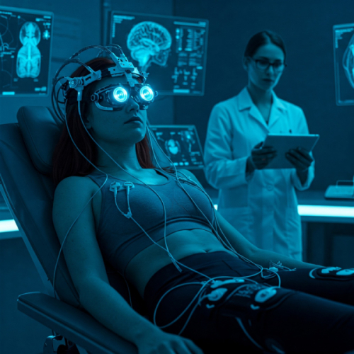A person lies in a chair wearing a futuristic headset with glowing lights and electrodes, while another person in a lab coat stands nearby looking at a tablet. Scientific displays are visible in the background..jpg