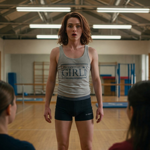 A young person with short brown hair and a surprised expression, wearing a gray tank top that says PROPERTY OF GIRLI and black shorts, stands in a gymnasium with a wooden floor and mirrored walls, facing two other blurred figures.