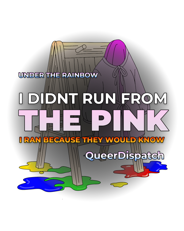Illustration of a pink smock on an easel with rainbow paint and text about not running from the pink but from being seen.